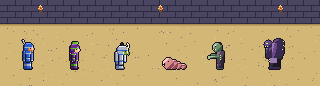 Pixel knights in the arena facing a worm, a zombie and Hyde, the venom boss